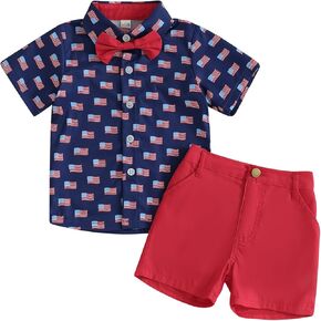 Toddler Baby Boy 4th Of July Outfit US Flag Print Short Sleeve Button Down Shirt and Shorts Set Patriotic Clothes