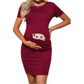 OYOANGLE Women's Maternity Cartoon Graphic Print Short Sleeve Bodycon Dress Pregnancy Ruched Short Dresses