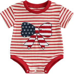 Newborn Baby Boy Girl 4th of July Outfit American Flag Embroidery Waffle Bubble Romper Striped Short Sleeve Bodysuit