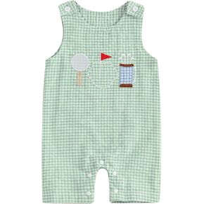Muineobuka Baby Boy Tank Romper Toddler Boy Cute Embroidery Classic Plaid Sleeveless Jumpsuit Infant Summer Clothes