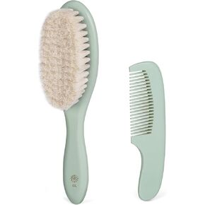 Newborn Baby Hair Brush & Comb Set - Wooden Brush with Soft Goat Bristles, Cradle Cap Brush for Boys, Girls & Toddlers, Sage