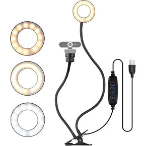 Andoer Webcam Light Stand 3.5in Clip-On Mini USB Ring Light 3 Lighting Modes Adjustable Flexible Arms Design with Phone Holder with Webcam Mount for Selfie Online Video