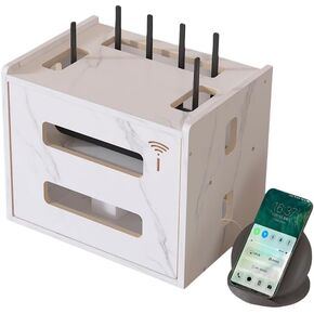 Router Shelf Wireless WiFi Modem MDF Shelf Router Cover Power Strip and Cable Management Storage Box Hider Rack Organizer for Under TV Entertainment Center for Cable Box Routers(White)