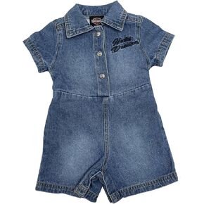 Harley-Davidson Baby Girls' Embroidered Bar & Shield Denim Romper, Blue