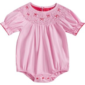 Embroidery Newborn Baby Girl Romper Smocked Bubble Rompers Short Sleeve Crew Neck Bodysuit Summer Clothes