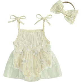 Baby Girl Summer Romper Dress Sleeveless Tie-up Straps 3D Butterfly Embroidery Tulle Jumpsuit with Bow Headband