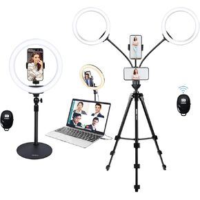 Desktop Computer Ring Light & 10 inch Dual Ring Lights with Tripod Stand and Two Phones Holders for Video Recording