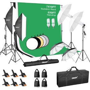 EMART 7 x 10ft Backdrop Support System with Sandbag, Photography Lighting Kit with 2700K/5400K Dimmable LED Bulbs, 43" Reflector, 6 x 9ft Backdrop x3, Umbrellas&Softbox Lighting Kit for Studio