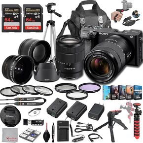 Sony a6400 Mirrorless Camera with 18-135mm Lens, 128GB Extreem Speed Memory,.43 Wide Angle & 2X Lenses, Case,Tripod, Filters, Hood, Grip,Spare Battery & Charger,Editing Software Kit -Deluxe Bundle