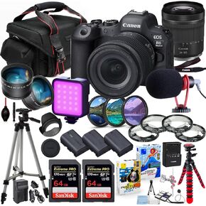 Canon EOS R6 Mark II Mirrorless Camera with 24-105mm Lens Bundle + Premium Package Including 128GB Extreme Memory, Filters, Microphone, LED Light, Photo-Video Software & More (33 Pieces) (Renewed)