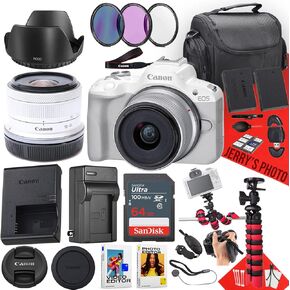 Canon EOS R50 Mirrorless Camera (White) with RF-S 18-45mm f/4.5-6.3 is STM Lens + 64 GB Memory + Hood + Extra Battery + Battery Charger + Filters + More (25pc Bundle) (Renewed)