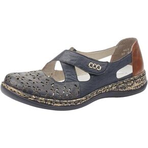 Rieker 463H4 Daisy Leather Mary Jane Shoes for Women - Lightweight Anti-Sess Casual Flats with Breathable Cutouts and Shock-Absorbing Sole for All-Day Comfort Blue 7-7.5 M US
