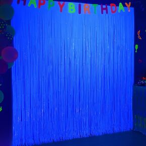 Mega-L Glow in The Dark Party Supplies, 2 Pack Neon Party Decorations 6.6 x 6.6 ft Fluorescent Macaron Light Blue Tinsel Foil Fringe Curtains, Photo Booth Prop Backdrop Streamer, Birthday Party Decor