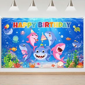 Mocsicka Shark Birthday Backdrop Banner Cartoon Shark Background for Kids Birthday Decorations Under The Sea Shark Theme Party Supplies
