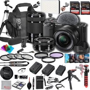 Sony ZV-E10 Mirrorless Camera with 16-50mm + 55-210mm Lenses, 128GB Extreem Speed Memory,Microphone, 120 LED Video Light, Tripod, Spare Battery & Charger -Deluxe Bundle