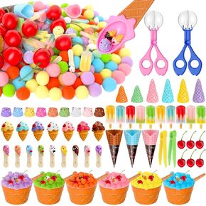 252 Pcs Summer Ice Cream Sensory Bin Filler Ice Cream Fine Motor Toy Counting and Color Sorting Set Colorful Felt Pom Pom for Summer Sorting Counting Training Preschool Education Classroom Activities