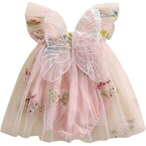 MAINESAKA Smocked Baby Girl Tulle Romper Dress Floral Embroidery Butterfly Wings Fairy Bubble Romper Bodysuit Summer Clothes