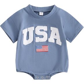4th of July Outfit Baby Girls Boys Short Sleeve Crew Neck Letter Embroidery Bubble Romper Bodysuit