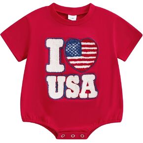 4th of July Outfit Baby Girls Boys Short Sleeve Crew Neck Letter Embroidery Bubble Romper Bodysuit in Saudi Arabia