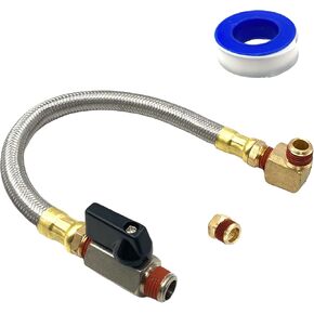 13 Inches Braided Steel Air Compressor Drain Valve Extension Hose with 1/4 Inch Shut Off Ball Valve and Elbow Fitting for Air Compressor Drain System