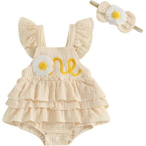 Baby Girl 1st Birthday Clothes Daisy Ruffle Sleeveless Bubble Romper Newborn Girl Cake Smash Outfit