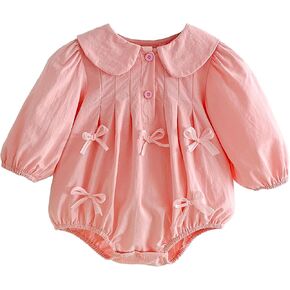 Baby Girl Pink Romper - Bowknots, Peter Pan Collar, Puff Sleeves - Soft Cotton Onesie