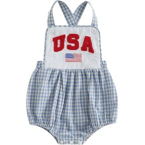 Karuedoo Newborn Baby Girl 4th of July Outfit Embroidery Sleeveless Bubble Romper Plaid Overalls Infant Patriotic Clothes