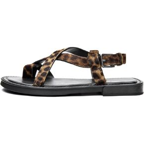 Leopard Strappy Flats Sandals for Women Animal Print Round Toe Faux Fur Sandal Shoes With Ankle Buckle Strap