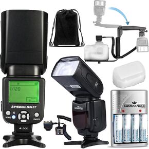 Speedlite Dedicated Electronic Flash Bundle for Canon EOS Rebel 60D, 70D, 80D, 90D, 6D Mark II, 5D Mark IV Includes- U-Shape Bracket, Off Shoe Cable, Rechargeable Batteries, Diffuser, Case