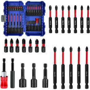 38pcs Impact Driver Bit Set, Magnetic S2 Screwdriver Bit Set, Hex Key Bit Set, Phillips, Pozidriv and Torx with 1/4" Hex Shank Bits for Electric Screwdriver