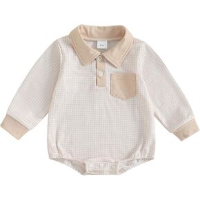 Newborn Baby Boy Fall Clothes Long Sleeve Romper Onesie Lapel Collar Plaid Bodysuit Infant Boy Winter Outfit