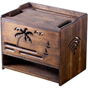 Floating Shelves Router Storage Box Wooden WiFi Router Fenches Cable Storage Organizer Box Wall Mounted Living Room Set-top Box Desktop Wall Mounted Dual Use，Brown-32x22x27cm