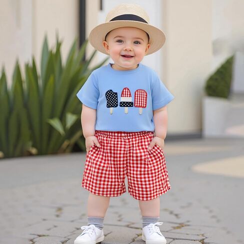 Toddler Baby Boy 4th of July Outfits American Flag T-Shirt Tops Plaid Shorts Set Fourth of July Boys Clothes in Kuwait