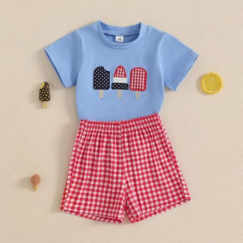 Toddler Baby Boy 4th of July Outfits American Flag T-Shirt Tops Plaid Shorts Set Fourth of July Boys Clothes in Kuwait