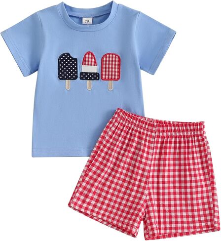 Toddler Baby Boy 4th of July Outfits American Flag T-Shirt Tops Plaid Shorts Set Fourth of July Boys Clothes in Kuwait