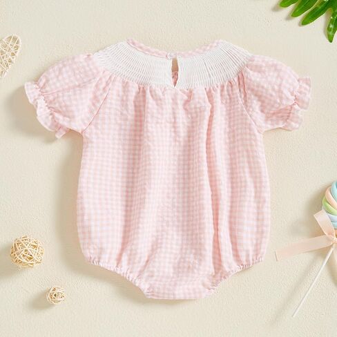 Embroidery Newborn Baby Girl Romper Smocked Bubble Rompers Short Sleeve Crew Neck Bodysuit Summer Clothes in Kuwait