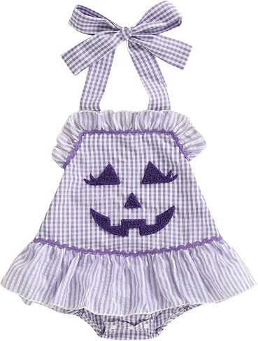 FOMOYUU Baby Girl Halloween Clothes for Newborn Sleeveless Halter Ruffle Checkered Romper Bodysuit Jumpsuit in Saudi Arabia