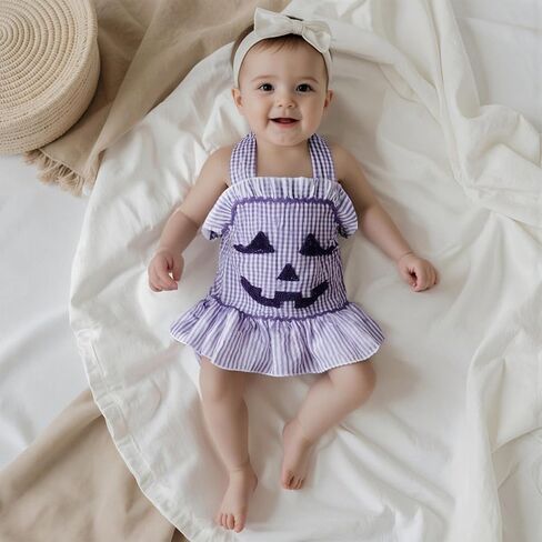 FOMOYUU Baby Girl Halloween Clothes for Newborn Sleeveless Halter Ruffle Checkered Romper Bodysuit Jumpsuit in Saudi Arabia