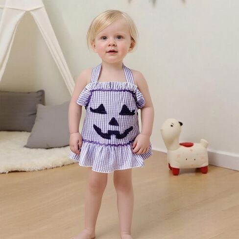 FOMOYUU Baby Girl Halloween Clothes for Newborn Sleeveless Halter Ruffle Checkered Romper Bodysuit Jumpsuit in Saudi Arabia