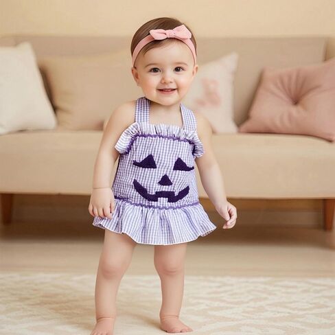 FOMOYUU Baby Girl Halloween Clothes for Newborn Sleeveless Halter Ruffle Checkered Romper Bodysuit Jumpsuit in Saudi Arabia