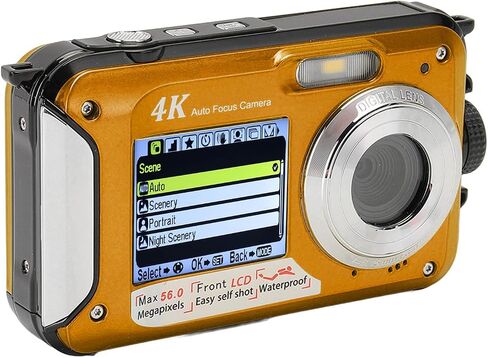 Goshyda 4K Auto Focus Camera Underwater with 56MP Resolution 64G Memory Card Dual Screen for Exploring & Recording (Yellow) in Saudi Arabia