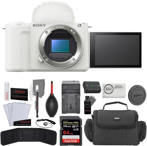 Sony ZV-E10 II كاميرا بدون مرآة | أبيض مجمعة مع بطاقة ذاكرة 64 جيجابايت + شاحن بطارية + مجموعة أدوات بداية + كيس كاميرا + قطعة قماش تنظيف الألياف الدقيقة (6 عناصر) in Kuwait