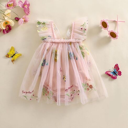 MAINESAKA Smocked Baby Girl Tulle Romper Dress Floral Embroidery Butterfly Wings Fairy Bubble Romper Bodysuit Summer Clothes in Saudi Arabia