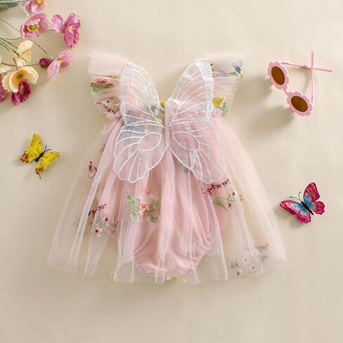 MAINESAKA Smocked Baby Girl Tulle Romper Dress Floral Embroidery Butterfly Wings Fairy Bubble Romper Bodysuit Summer Clothes in Saudi Arabia