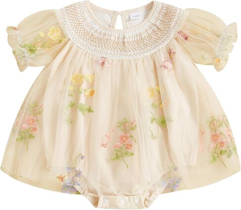 MAINESAKA Smocked Baby Girl Tulle Romper Dress Floral Embroidery Butterfly Wings Fairy Bubble Romper Bodysuit Summer Clothes in Saudi Arabia