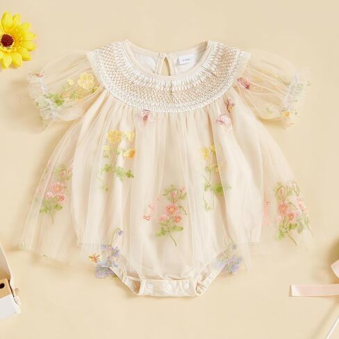 MAINESAKA Smocked Baby Girl Tulle Romper Dress Floral Embroidery Butterfly Wings Fairy Bubble Romper Bodysuit Summer Clothes in Saudi Arabia