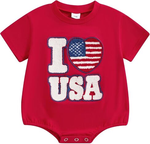 4th of July Outfit Baby Girls Boys Short Sleeve Crew Neck Letter Embroidery Bubble Romper Bodysuit in Saudi Arabia