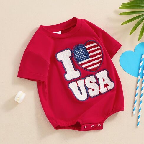 4th of July Outfit Baby Girls Boys Short Sleeve Crew Neck Letter Embroidery Bubble Romper Bodysuit in Saudi Arabia