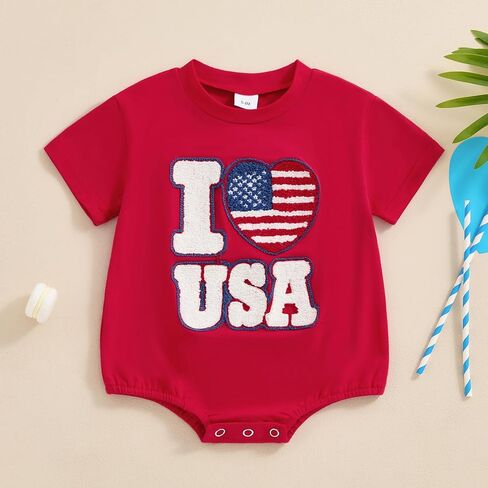 4th of July Outfit Baby Girls Boys Short Sleeve Crew Neck Letter Embroidery Bubble Romper Bodysuit in Saudi Arabia