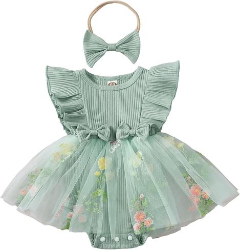 Douhoow Baby Girls Romper Dress Dress Dress Romper 3D Flowers Mesle Skirt Hem اطفاع فتاة الصيف مع عقال in Kuwait